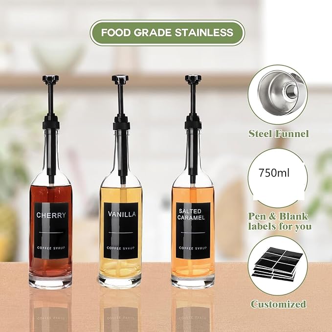 MSTCMZP 25.4 oz 750 ml Glass Coffee Syrup Dispenser for Coffee Bar With Pump & Lables Glass Syrup Bottle Included -4 Pack