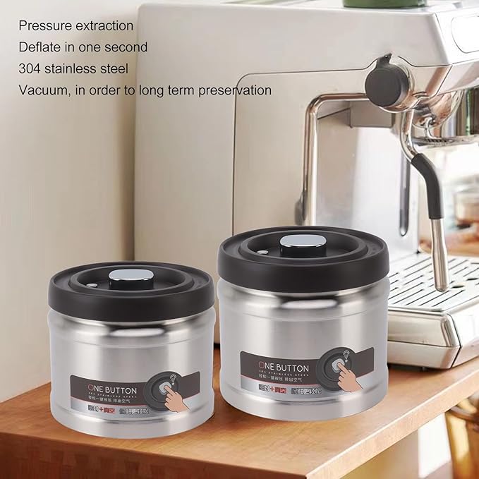 Vacuum Kitchen Seal Canister, Stainless Steel Pressed Airtight Food Storage Container, Flour/Coffee/Beans Tea/Grains/Sugar/Biscuits Metal Food Storage Canister, Tea Canisters(1100ML Stainless Steel)