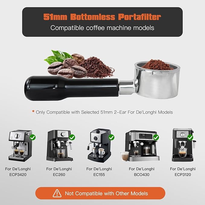 HEKUTU Bottomless Portafilter with Stainless Steel Filter Basket Fit 51 mm for Delonghi Dedica Style Series ECP3420/ECP3120/EC155/BCO430/EC260 Espresso Machine