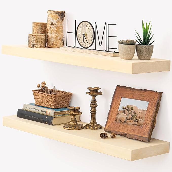 Marsmiles 30 Inch Floating Shelves for Wall - Natural Unfinished Wood Floating Shelves Set of 2-30 Inch Wide x 7.7 Inch Deep x 1.6 Inch Thick Wooden Shelves for Room Wall
