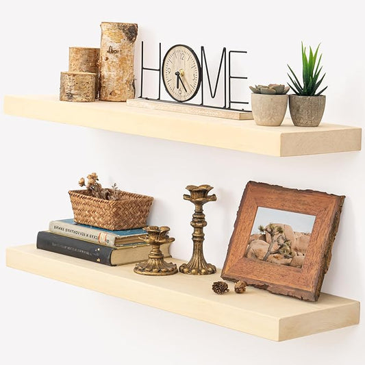 Marsmiles 30 Inch Floating Shelves for Wall - Natural Unfinished Wood Floating Shelves Set of 2-30 Inch Wide x 7.7 Inch Deep x 1.6 Inch Thick Wooden Shelves for Room Wall