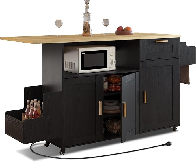 Rolling Mobile Kitchen Island with Storage and Drop Leaf on Wheels, 67" Desk Island for Kitchen with Power Socket and Drawer, Mobile Portable Carts with Spice Rack and Towel Rack (Black, Model 3)