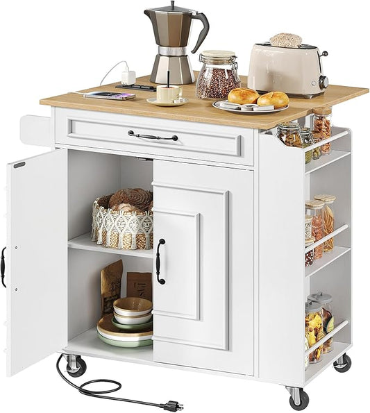 Kitchen Island with Power Outlets & Drop Leaf, Rolling Kitchen Cart on Wheels, Kitchen Storage Island with Spice Rack and Drawer, Mobile Island Table for Kitchen, Dinning, White and Natural