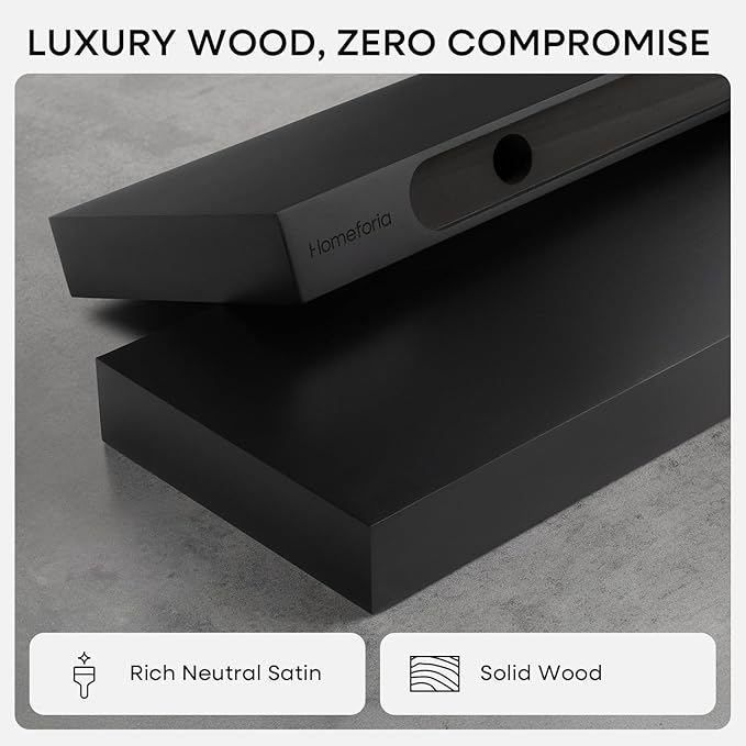 Homeforia Floating Black Shelf 42 inch, High End Solid Real Wood 42 inches Long Floating Shelves for Wall, Black Wooden 42inch Large Floating Shelves, Heavy Duty Bracket, 42 X 6.5 X 1.75 in, Set of 3