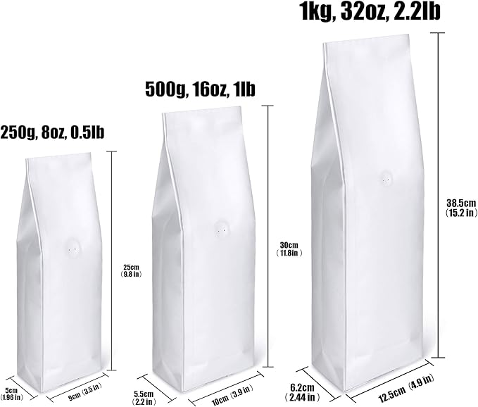 Kraft Paper Stand Up Coffee Bag/Side Gusset Pouch with Flat Bottom Coffee Beans Pouch with One Way Degassing Valve, 50 Pieces (White Kraft, 500g, 16oz, 1lb)
