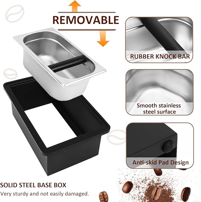 Coffee Knock Box Espresso Accessories, Stainless Steel Coffee Grounds Container, Large Coffee Puck Knock Box for Espresso Machine Accessories, 11.02 x 6.88 x 4.3 inch