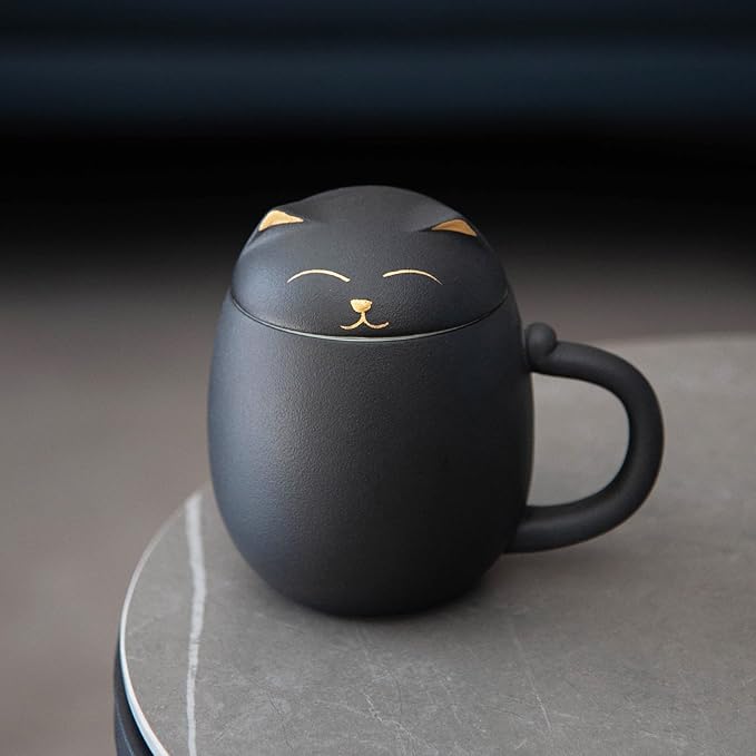 HEER Black Cat Tea Cup with Infuser and Lid, Cute Tea Mug with Strainer for Steeping Loose Leaf, Ceramic Teacup Birthday Christmas Cat Lover Gifts for Women, Men, Mom, Sisters, besties. (Black)