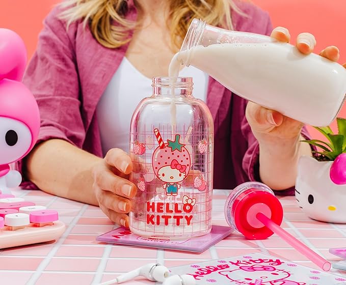 Silver Buffalo Sanrio Hello Kitty Strawberry Milk Grid Glass Milk Bottle with Straw, 15 Ounces