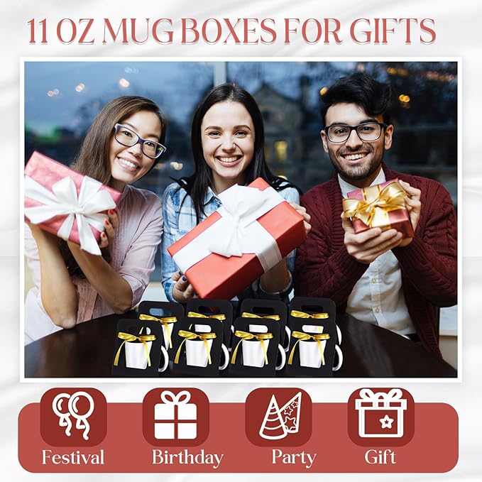 Motipuns 24 Pack Mug Boxes for Gifts 11 oz Coffee Mug Gift Boxes with 1 Roll Ribbon Sublimation Cups Packaging Bags for Sublimation Coffee Cups Blanks Wrapping(Black)