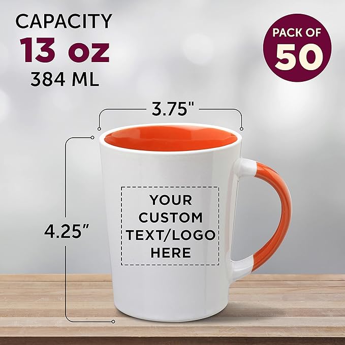 Custom Ceramic Latte Coffee Mugs by Albany 13 oz. Set of 50, Personalized Bulk Pack - Perfect for Coffee, Tea, Espresso, Hot Cocoa, Other Beverages - Orange