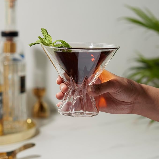 Viski Double Walled Cocktail Glasses - Insulated Martini Glasses with Cut Crystal Design - Dishwasher Safe Borosilicate Glass 8.5oz Set of 2