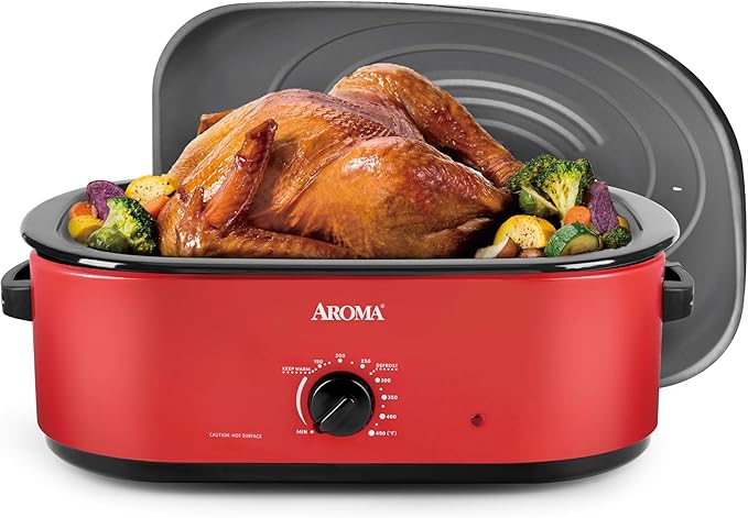 AROMA 18Qt. Roaster Oven with Self-Basting Lid, Fits 22-lb. Turkey, Adjustable Temperature Settings, Keep Warm Setting, Red (ART-718R)