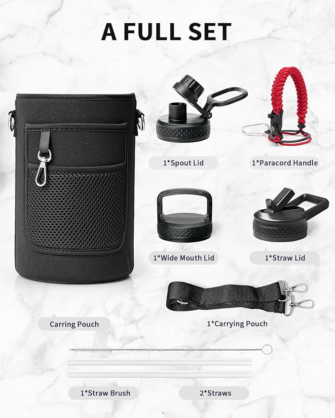Trebo Water Bottle 64oz with Paracord Handle, Half Gallon Large Vacuum Double Wall Stainless Steel Insulated Water Jug with Holder Strap Straw Spout Lids, Leakproof Keep Cold & Hot, Red