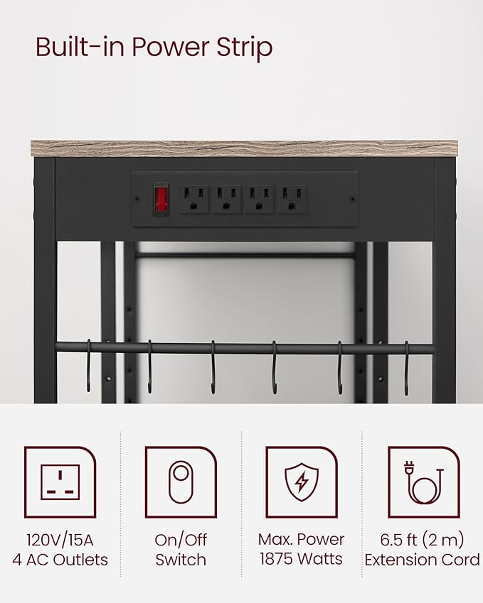 VASAGLE Baker's Rack, Coffee Bar Stand with Charging Station, 35.6 Inches Tall, Storage Shelves, Pull-Out Wire Basket, Table for Microwave, Kitchen, Heather Greige and Ink Black UKKS036K02