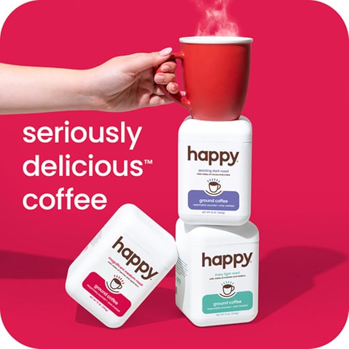 happy coffee medium roast ground coffee, 12 oz., notes of berries & optimism, recyclable container, grown & harvested in Brazil & Colombia, raíz sustainability verified