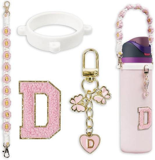 Compatible with Owala Water Bottle Accessories, Cute Letter Charm Set with Boho Handle Strap, Monogram Sticker, Silicone Ring, Keychain Decoration, for FreeSip 24 32 40oz, Owala Kids, Tumbler Gift