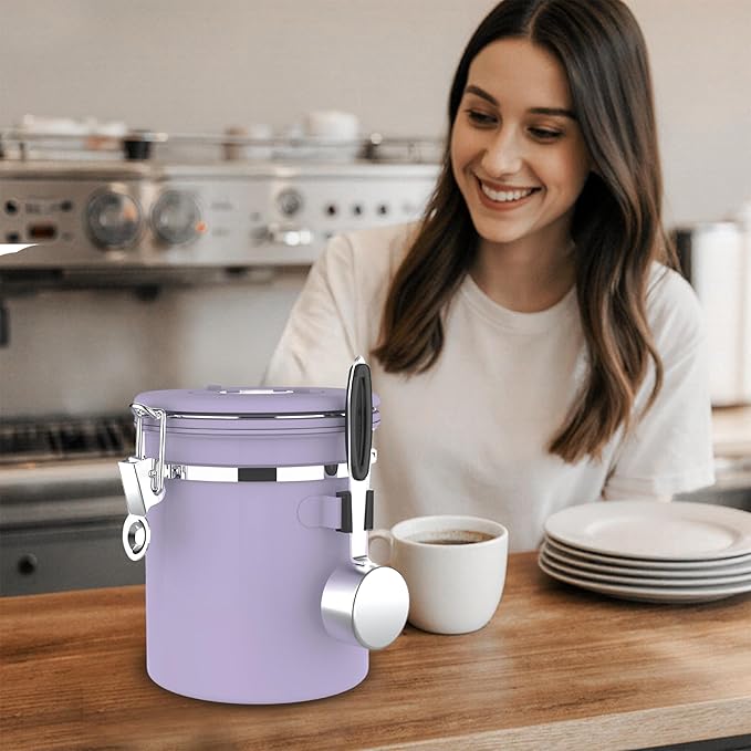 ShanSon Coffee Canister Airtight Coffee Container Stainless Steel Coffee Bean Storage Container with Scoop Coffee Canister for Beans Grounds Sugar Flour Tea Cereal,22OZ, Purple Upgraded Version