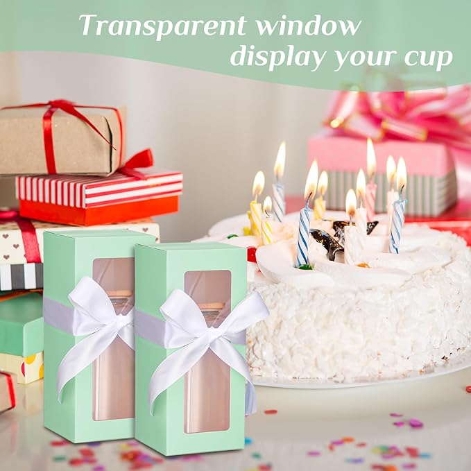 Honoson 24 Pcs Tumbler Gift Box with Ribbon for Sublimation Glass Exhibition Boxes Transparent for 12oz 16oz 20oz Drinking Cup Glasses Jars Mug Can Blanks(Mint Green)