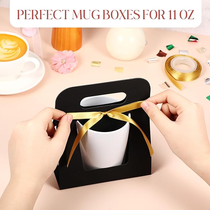 Motipuns 24 Pack Mug Boxes for Gifts 11 oz Coffee Mug Gift Boxes with 1 Roll Ribbon Sublimation Cups Packaging Bags for Sublimation Coffee Cups Blanks Wrapping(Black)