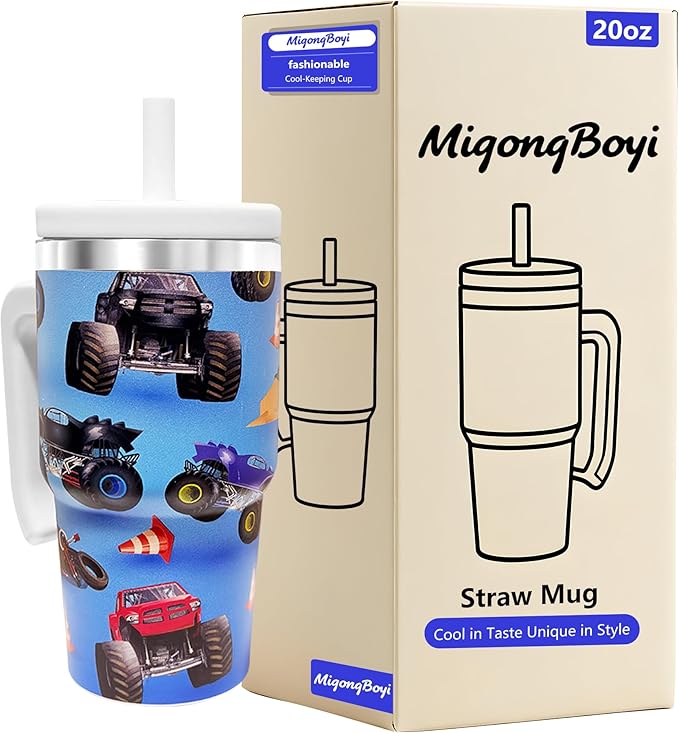 2PCS 20-OZ Insulated Water Bottle,Insulated Stainless Steel Tumbler,Reusable Cold Drink Thermos,BPA-Free, Double-Wall Stainless Steel Water Bottle (Light blue-Monster trucks, 20, Fluid Ounces)