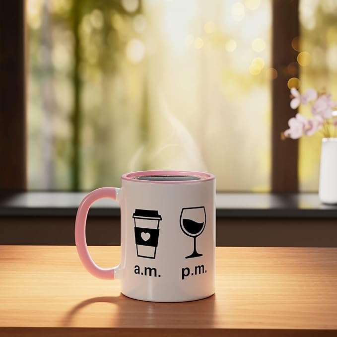 Coffee AM Wine PM - Funny Minimalist Coffee Wine Lover Ceramic Mug, Pink/White