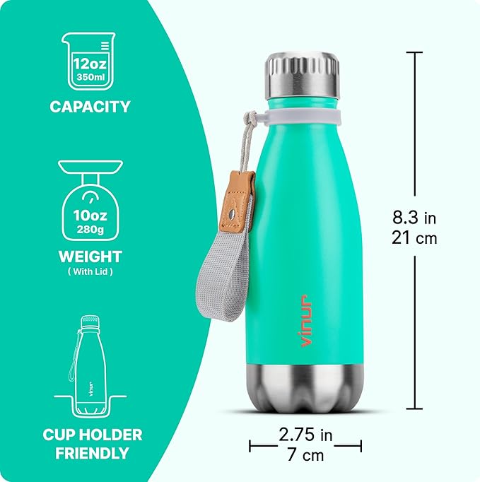 VINUR Small Water Bottle- 9 oz Stainless Steel Vacuum Insulated Leak Proof Water Bottle for kids Travel-Cola Shape Reusable Flask with Carry Rope for Girl, Teal