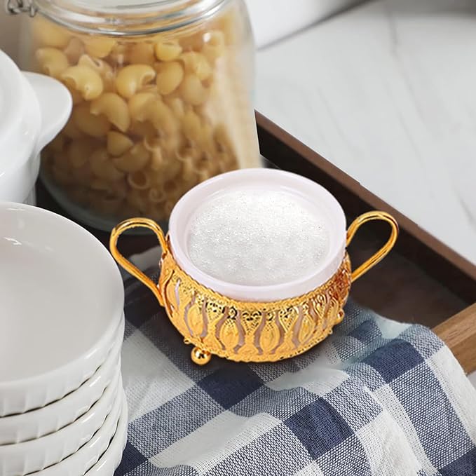 Flylin Sugar Bowl, Turkish Sugar Bowl with Lid and Spoon for for Candy Cookie Honey, Golden Vintage Glass Seasoning Jar for Home and Kitchen Coffee Bar