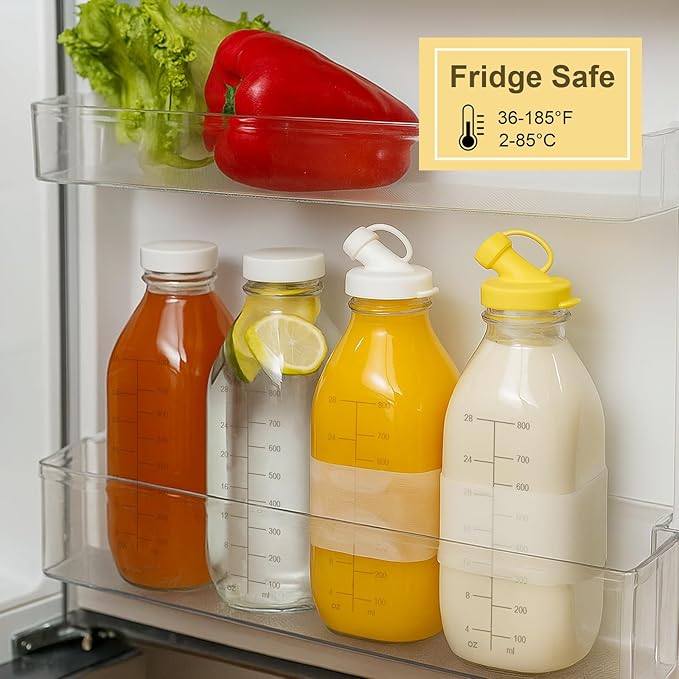 32 oz Reusable Glass Milk Bottles with Leak Proof Lid and Pour Dispenser, 1 Liter Juice Bottles with Scale, Glass Pitchers with Sleeve, Milk Storage Containers for Fridge [2 Pack]