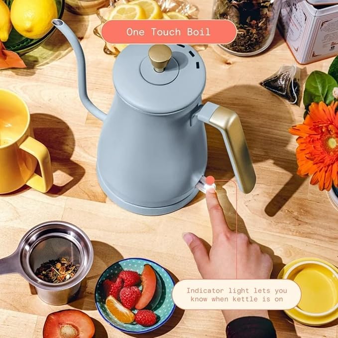 Electric Gooseneck Kettle 1 Liter 1200W, Stainless Steel, Pour Over Coffee Tea, Auto Shut-Off, 360° Cordless Power Base (Cornflower Blue)