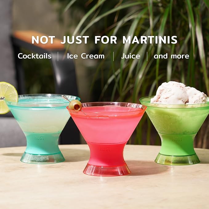 HOST Freeze Insulated Martini Cooling Cups, Plastic Freezer Gel Chiller Double Wall Stemless Cocktail Glass Set of 2, 9oz Punch Pink