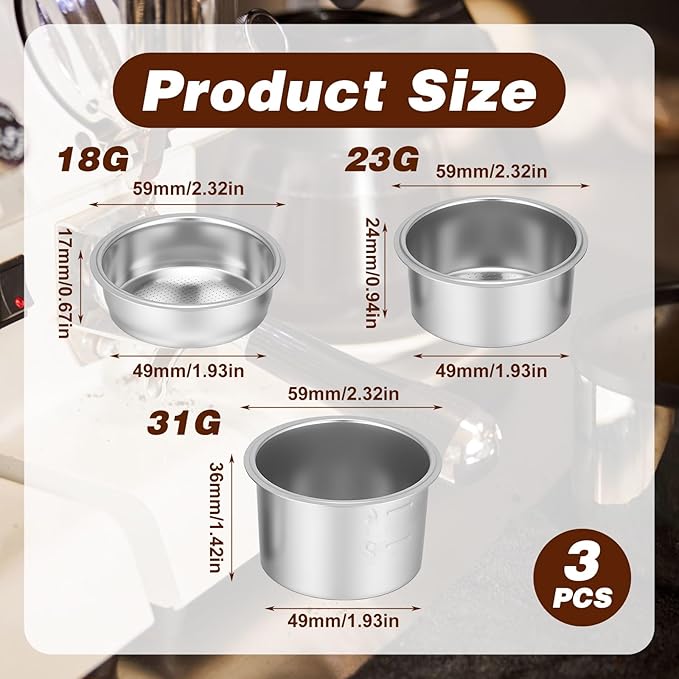 51mm Stainless Steel Coffee Filter Basket Silver Portafilter Basket Reusable Espresso Coffee Filter Pressurized Single/Double/Four Cup Single Wall Coffees Filters Machine Replacement Accessories