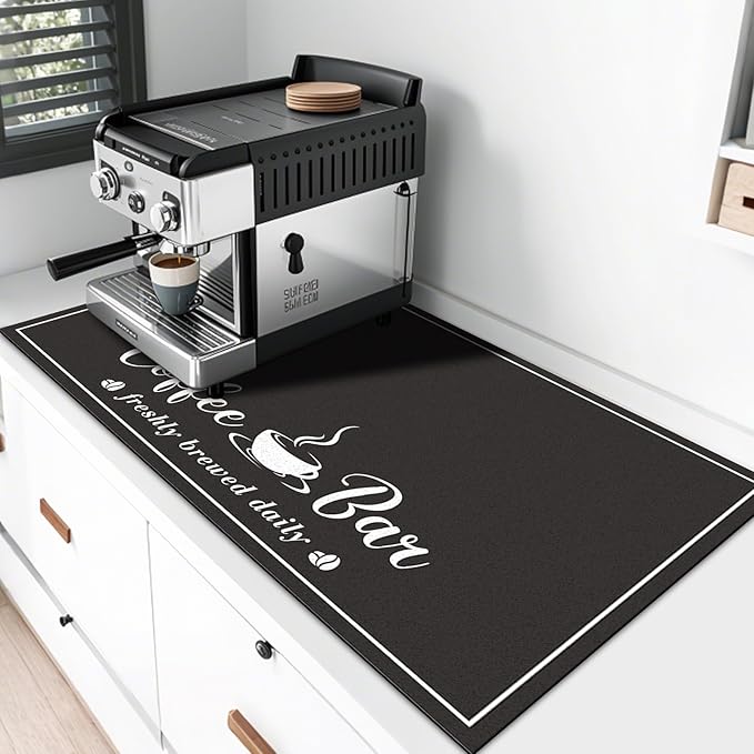 Absorbent Coffee Mat, Fashion Dish Drying Mat for Kitchen Counter Coffee Bar Accessories Espresso Machine Dish Rack 17" x 32" Black