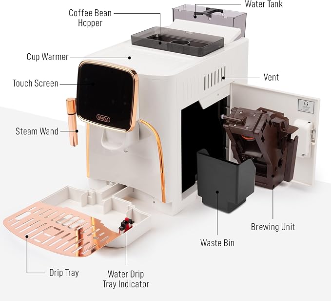 Zulay Kitchen Magia Clasica Automatic Espresso Machine with Built-In Grinder, Touch Panel Coffee Maker, Steam Wand Milk Frother, Adjustable Strength, Self-Cleaning, Cream & Copper