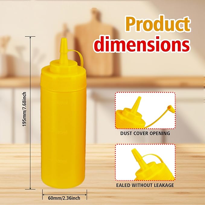 Squeeze Bottles for Sauces,Leak-Proof Condiment Dispenser, BPA-Free Kitchen Restaurant Squeeze Bottle Set with Wide Mouth for Ketchup, Mustard,Syrup,Dressings (Yellow, 2Pack-12oz(300ml))