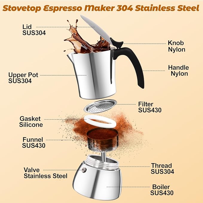 Vaolvpant No Coating 4 Cup Thickened 304 Stainless Steel Moka Pot Stovetop Espresso Maker Italian Coffee Machine 200ml 6.8oz Suitable for Gas Induction Stovetop Greca Coffee Maker Percolator