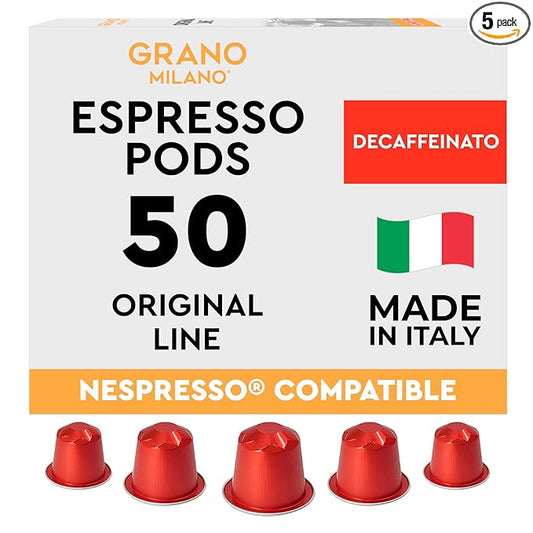 Grano Milano Decaffeinato - 50 Aluminium Espresso Pods Compatible with Nespresso Original line, Medium Roast - Intensity 9/12, Espresso Coffee Capsules Made in Italy