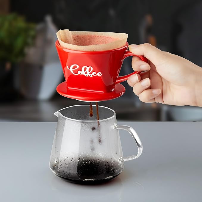 Pour Over Coffee Maker, Ceramic Pour Over Coffee Dripper, Manual Brew Maker, Red Kitchen Decor and Accessories, Single Cup Porcelain Slow Brewing Accessories for Cafe Coffee Bar