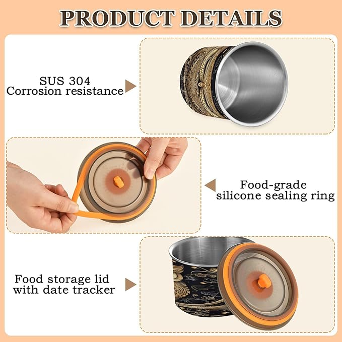 Coffee Storage Containers Airtight Food Storage Canister Set with Vacuum Seal, 500ml Food Grade Stainless Steel Coffee Bean & Tea Storage Jar Gold Owl