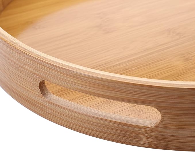 Jucoan 13.8 Inch Large Round Bamboo Serving Tray, Bamboo Wood Circle Tray with Handles, Round Ottoman Food Tray for Serving Breakfast, Drinks, Snack on Home Dining Table