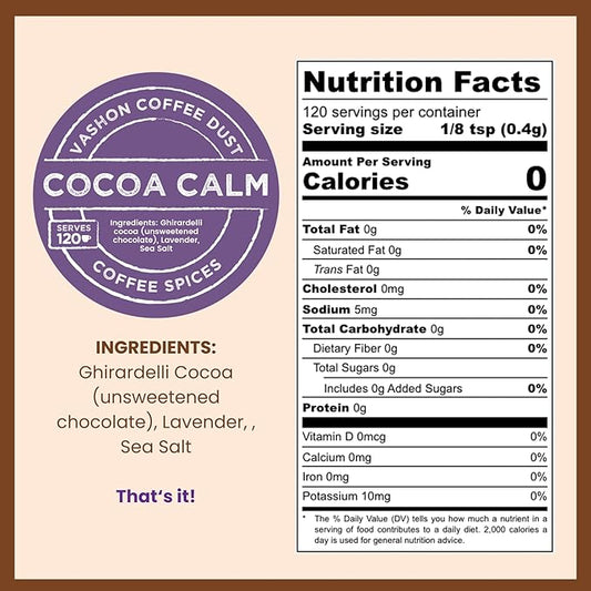 Coffee Dust Flavoring Powder Cocoa Calm (120 Servings) - Coffee Dusting Flavor Variety Pack, All Natural Syrup Alternative, Adds Aroma, Taste & Whole30 Wellness to Drinks & Tea - Creamer Alternative