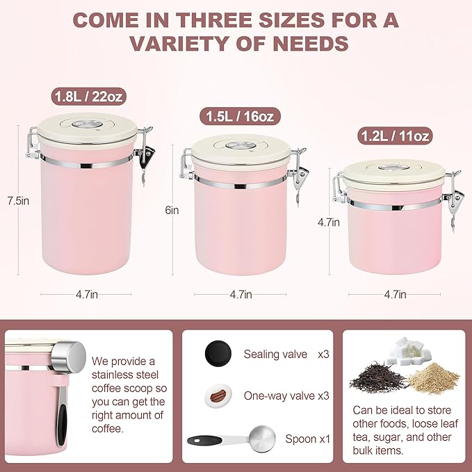ShanSon Coffee Canister Airtight Coffee Container Stainless Steel Coffee Bean Storage Container with Scoop Coffee Canister for Beans Grounds Sugar Flour Tea Cereal,11OZ, Pink