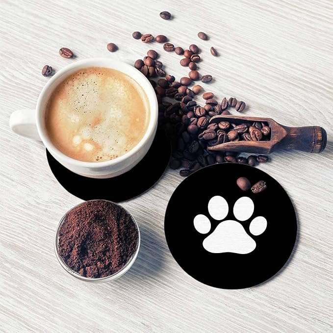 Dog Paw Coasters Set for Wood Table Miraculous Aesthetic Little Animal Puppy Kitten Foot Print Isolated Tabletop Protection Mat for Mugs and Cups 4 Inch for Kitchen Office Home