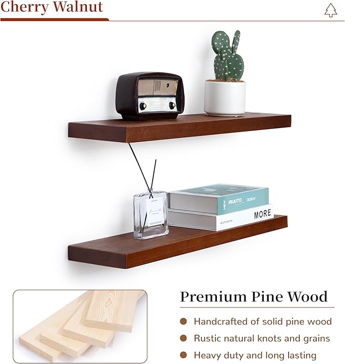 Marsmiles Wood Floating Shelves | 24 Inch Mahogany Wall Shelves Set of 2 | 24" W x 6.7" D Rustic Wooden Shelves for Bathroom Kitchen Living Room Bedroom
