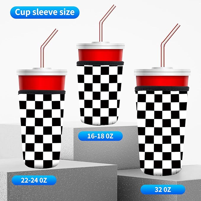 3 Pack Reusable Neoprene Insulator Sleeve for Iced Coffee Cups, Funny Coffee Cup Sleeves for 16-32oz Coffee cups, Cute Drink Sleeve for Cold Hot Beverages Luxuious Checkerboard