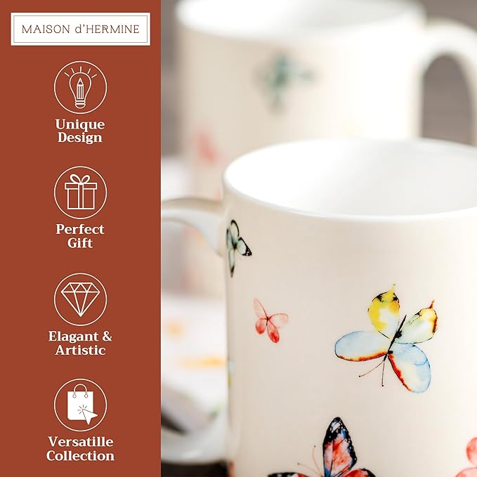 Maison d' Hermine Coffee Mug with Handles Fine Bone China Mugs Pack of Two Tea Cups for Hot Beverages Cappuccino Latte Home Restaurant Office Perfect for Gift (Botanical Fresh, 15 Ounce)