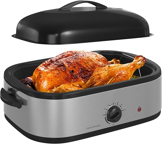 14 Quart Electric Roaster Oven, Turkey Roaster Oven with Self-Basting Lid, Stainless Steel Roaster Pan, Silver