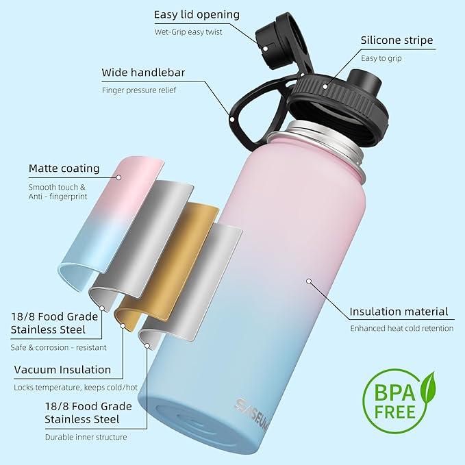 SASEUM Sport Water Bottle 32oz Stainless Steel Double Wall Vacuum Thermal Mug with Leak Proof Spout Lids, Wide Mouth Metal Insulated Water Jug for Gym and Travel（Blue Pink）