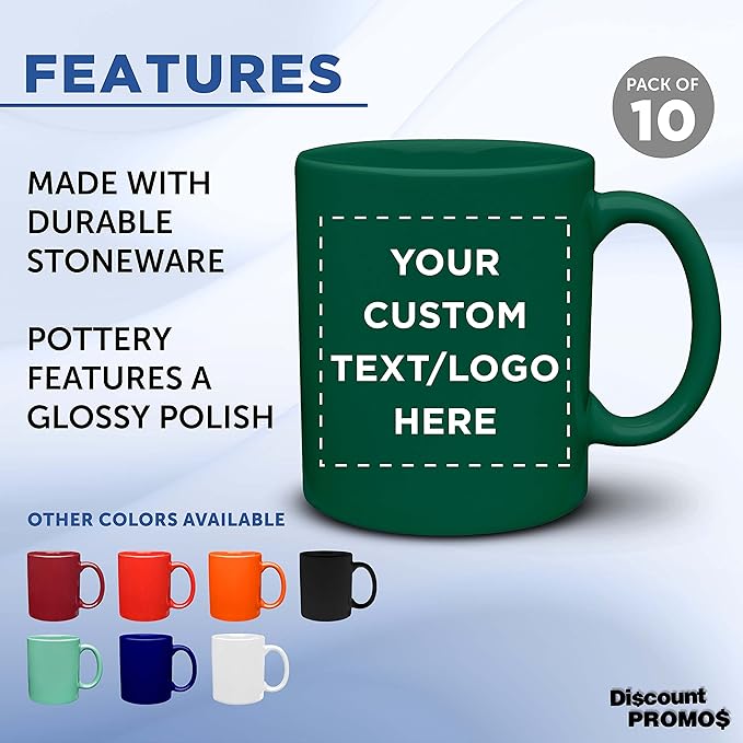 Custom Ceramic Coffee Mugs 11 oz. Set of 10, Personalized Bulk Pack - Coffee cup set, Iced coffee cup, Gaming mug - Green