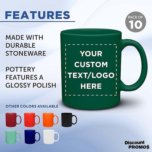 Custom Ceramic Coffee Mugs 11 oz. Set of 10, Personalized Bulk Pack - Coffee cup set, Iced coffee cup, Gaming mug - Green