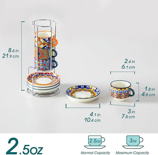 vancasso 2.5 Oz Stackable Espresso Cups with Saucers and Metal Stand Set of 4,Bohemian Ceramic Cappuccino Cups - Microwave and Dishwasher Safe, Perfect For Tea, Espresso, Latte, Cafe-01